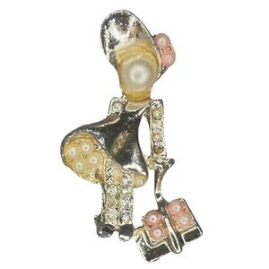 Vintage Little Girl Bonnet Books Brooch/Pin Pink Faux Pearls Rhinestones Gold Tn